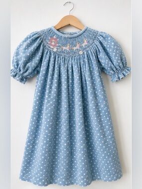 Amanda Remembered 18M Hand Smocked Cinderella Corduroy Dress Blue Polka Dot
